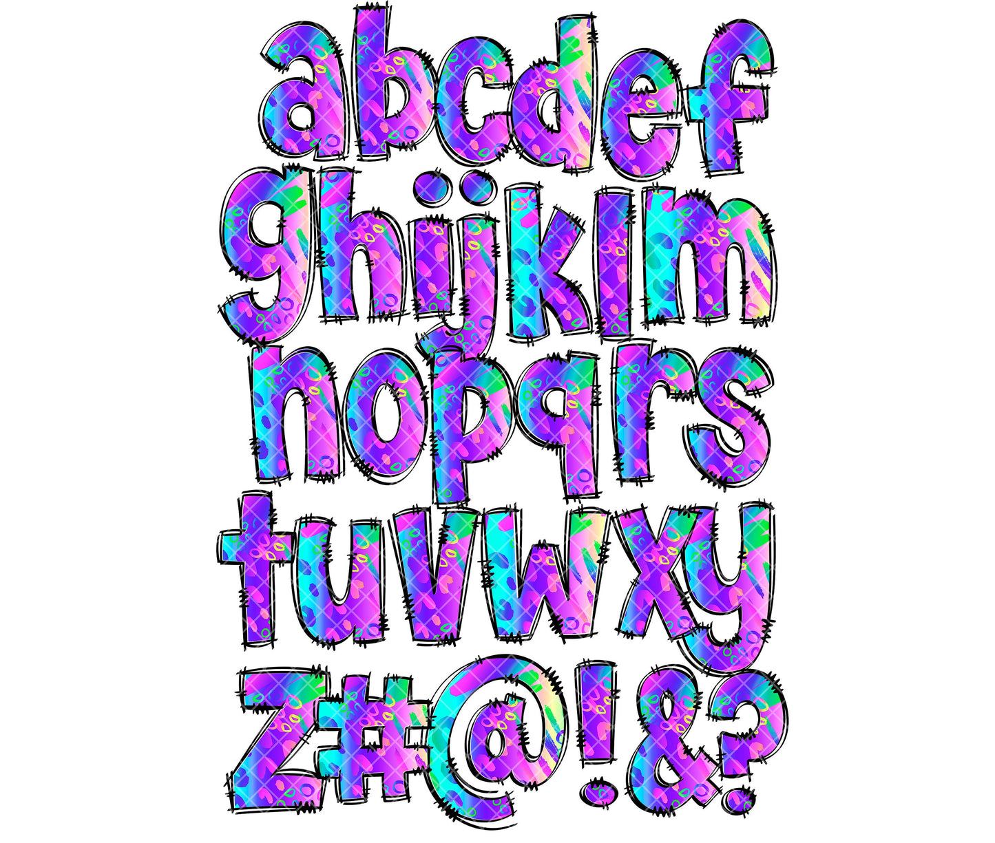 Neon Alphabet Letters PNG Bundle, Bright Pink Blue Purple Alcohol Ink, Hand Drawn Doodle, Sublimation Alpha Set Designs PNG