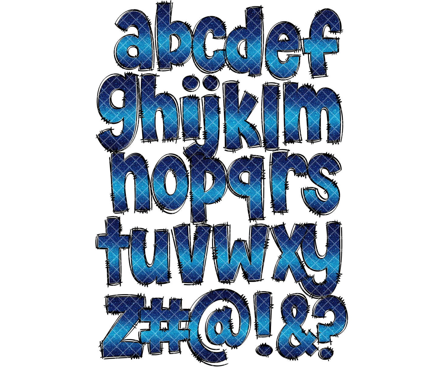 Ombre Navy Blue Glitter Alphabet Letters PNG Bundle, Alcohol Ink, Hand Drawn Doodle, Sublimation Alpha Set Designs PNG