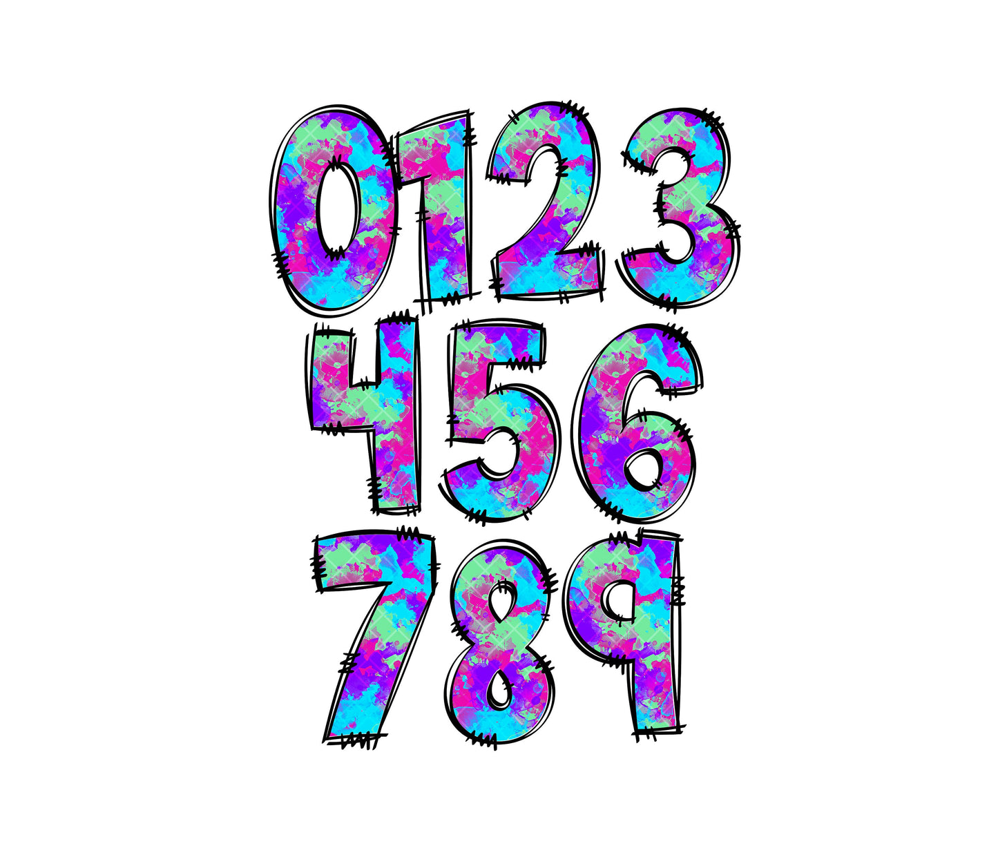 Bright Neon Purple Turquoise Doodle letters, Hand Drawn Doodle Alpha Bundle, Sublimation Font PNG, Patterned Numbers & Alphabet, 65 PATTERN