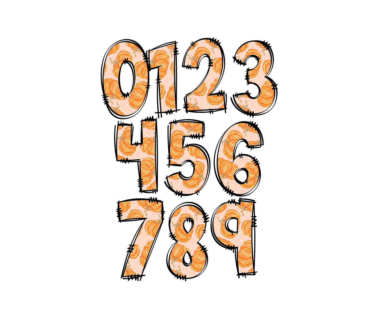 Pumpkins Doodle letters, Hand Drawn Doodle Alpha Bundle, Sublimation Font PNG, Patterned Numbers & Alphabet,