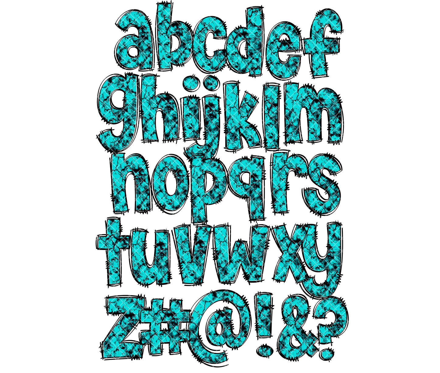 Turquoise Wester Alphabet Letters PNG Bundle, Country Rock Doodle Letters, Hand Drawn Alphabet Doodle, Sublimation Alpha Set Designs PNG