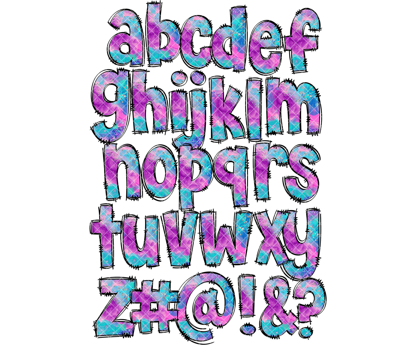 Pink Purple Blue Glitter Abstract Alphabet Letters PNG Bundle, Alcohol Ink, Hand Drawn Doodle, Sublimation Alpha Set Designs PNG