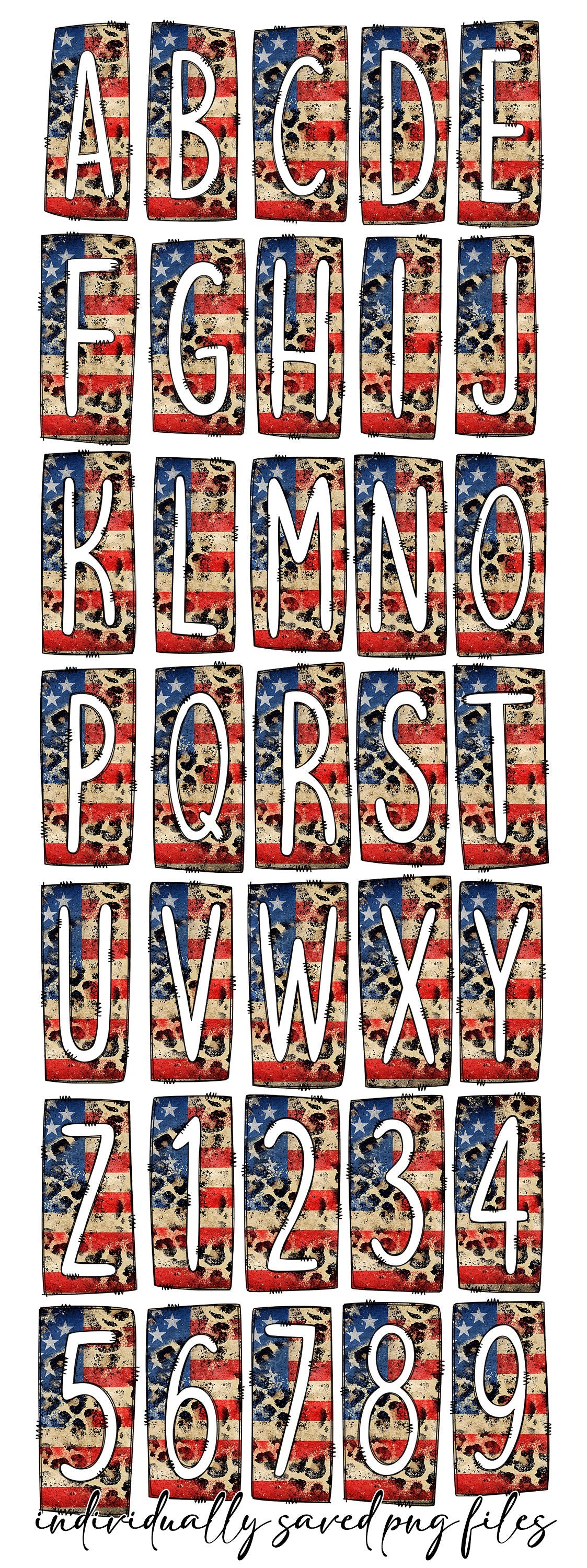 American Flag Leopard Print Rustic Box Doodle Letters, Western Hand Drawn Doodle Alphabet Set, Sublimation Designs PNG - 2 PATTERN