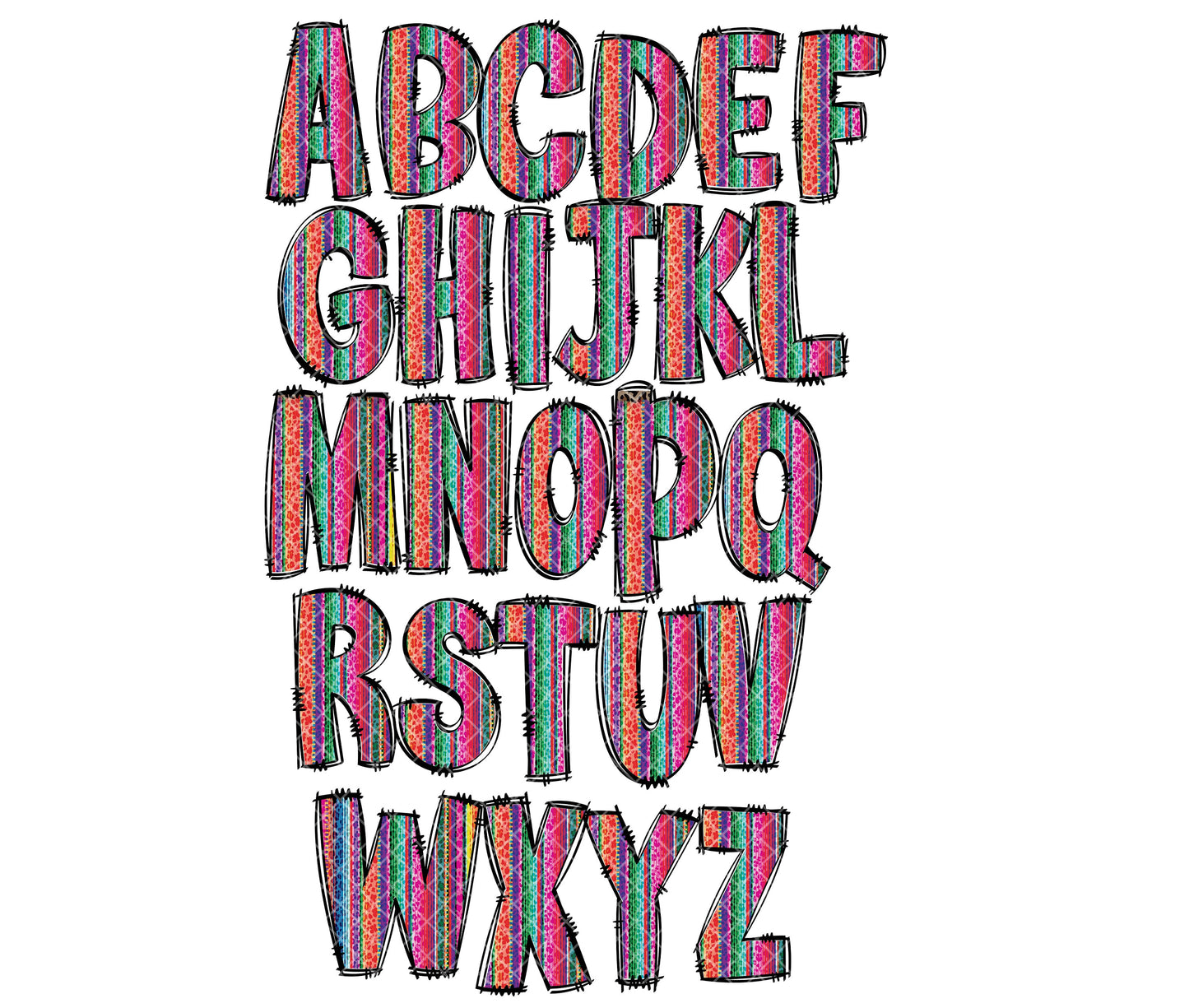 Serape Doodle Alphabet Letters PNG Bundle, Cheetah Leopard Country Western Hand Drawn Alphabet Doodle, Sublimation Alpha Set Designs PNG