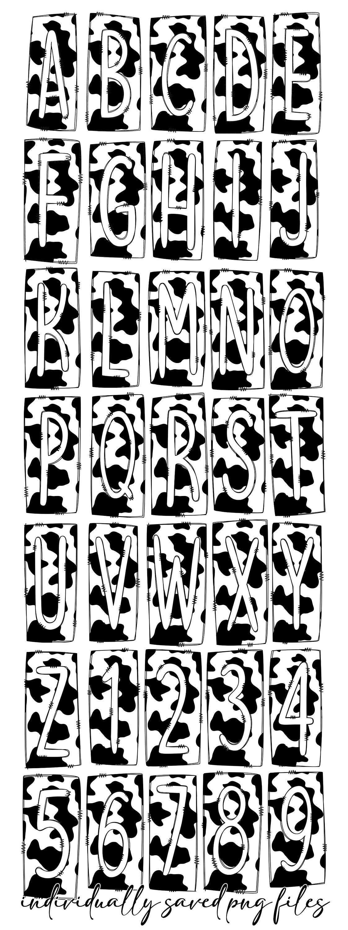 Cowhide Rustic Cow Print Box Doodle Letters, Western Hand Drawn Doodle Alphabet Set, Sublimation Designs PNG - 16 PATTERN