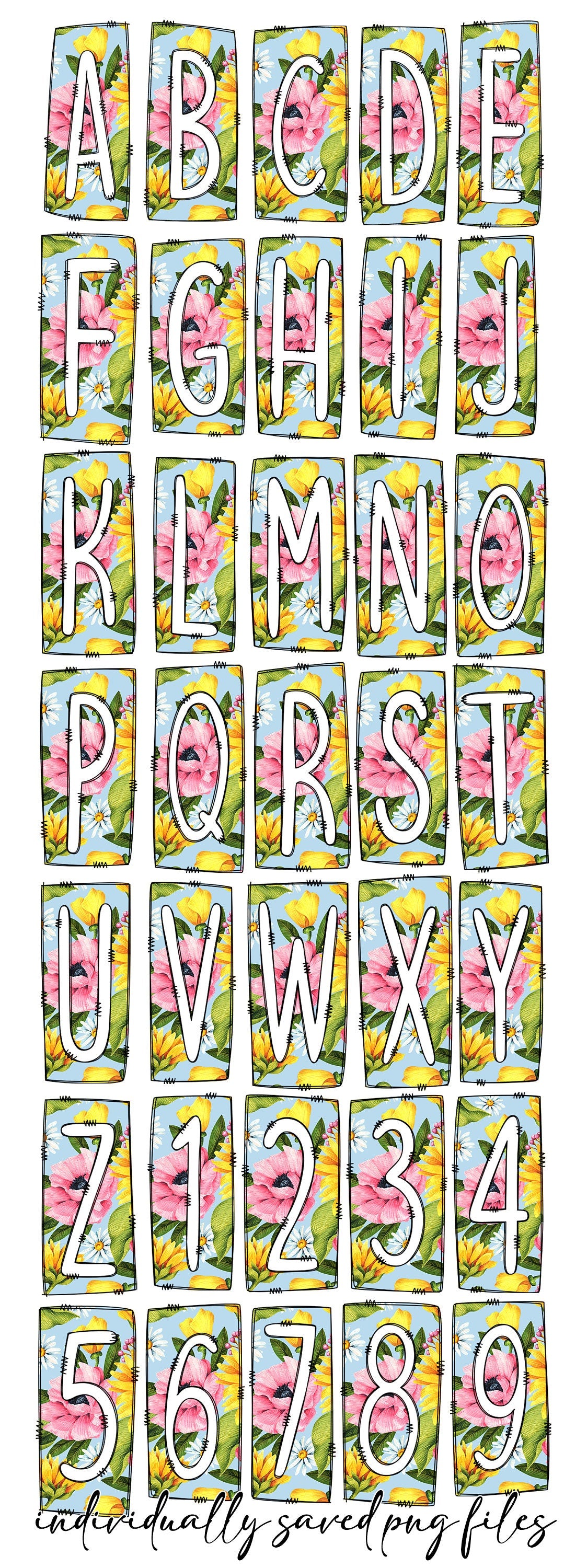 Blue and Pink Sunflower Daisys Box Doodle Letters, Western Hand Drawn Doodle Alphabet Set, Sublimation Designs PNG - 3 PATTERN