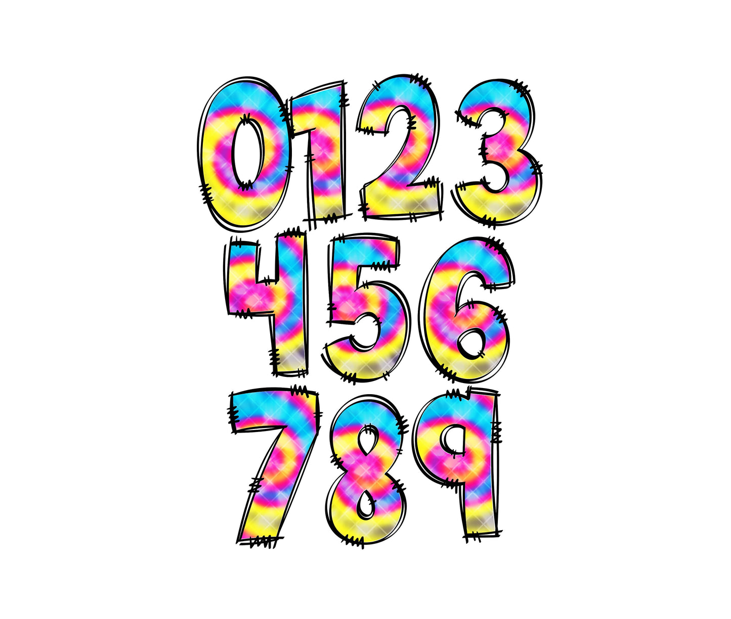 Tie Dye Doodle letters, Rainbow Bright Hand Drawn Doodle Alpha Bundle, Sublimation Font PNG, Patterned Numbers & Alphabet,