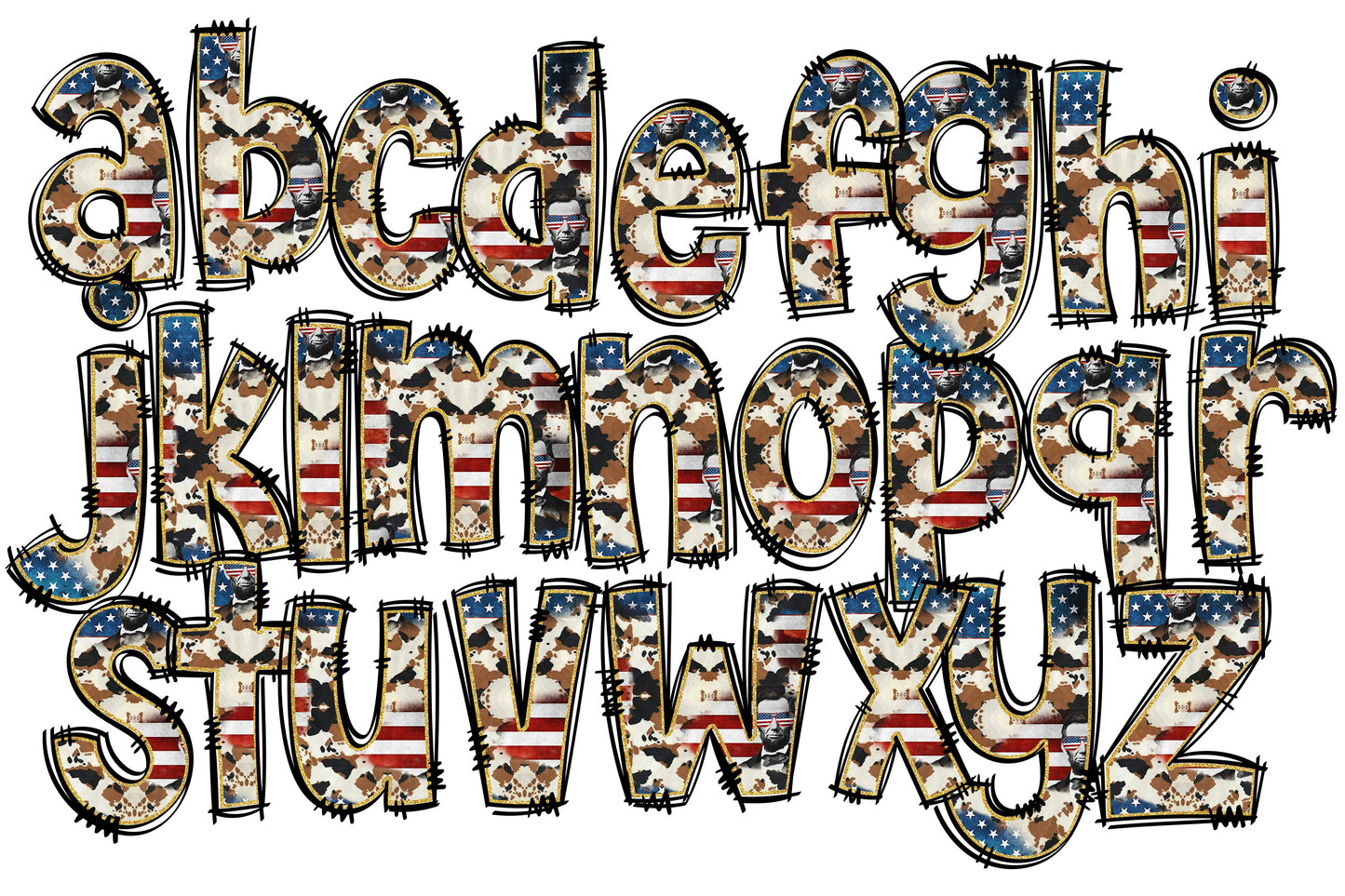 Lincoln Alphabet Letters PNG Bundle, Summer Fathers Day Patriotic USA Flag, Hand Drawn Doodle, Sublimation Alpha Set Designs PNG