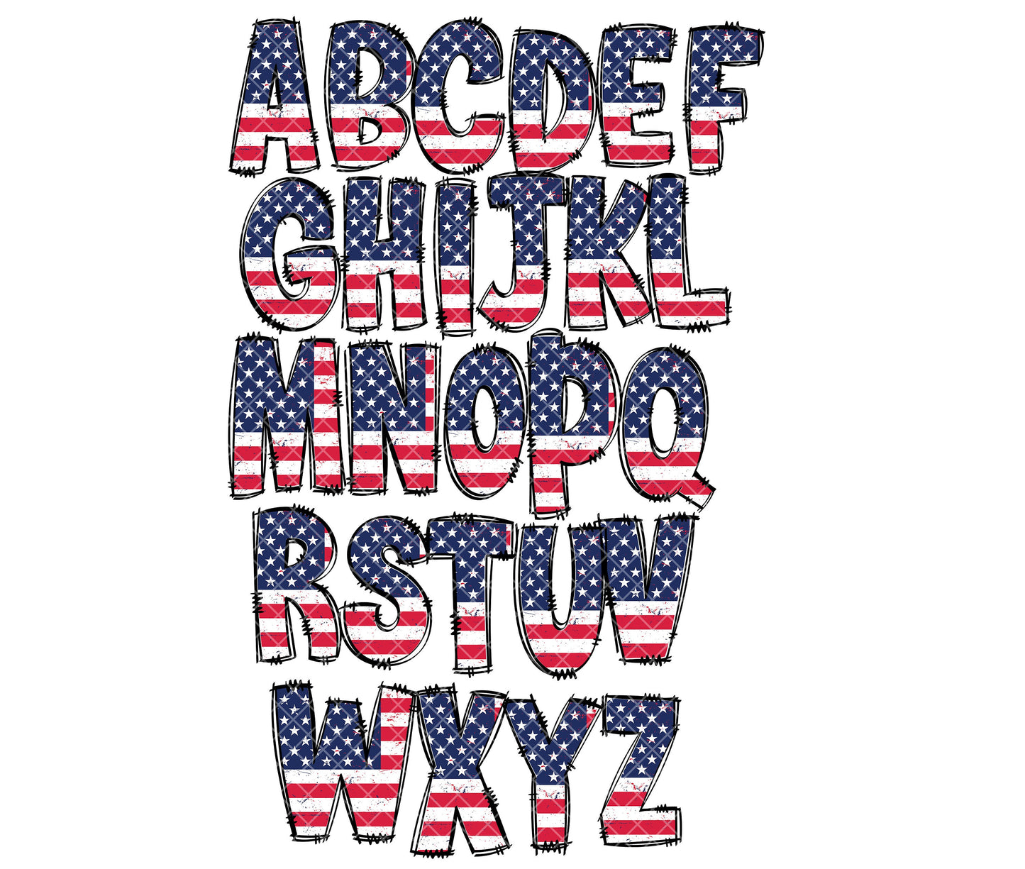 USA Alphabet Letters PNG Bundle, Patriotic American Flag Doodle Letters, Hand Drawn Alphabet Doodle, Sublimation Alpha Set Designs PNG