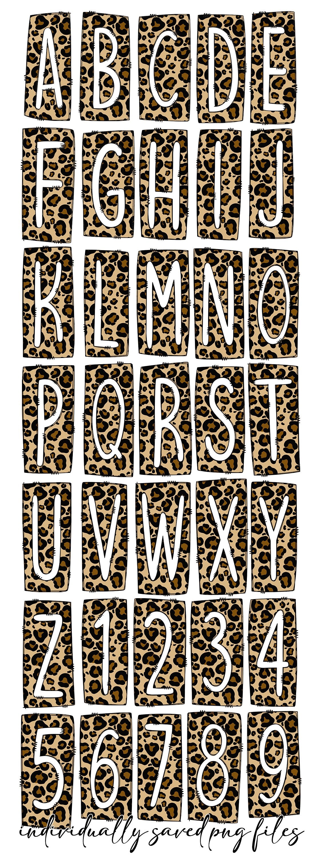 Leopard Print Cheetah Box Doodle Letters, Western Hand Drawn Doodle Alphabet Set, Sublimation Designs PNG - 13 PATTERN