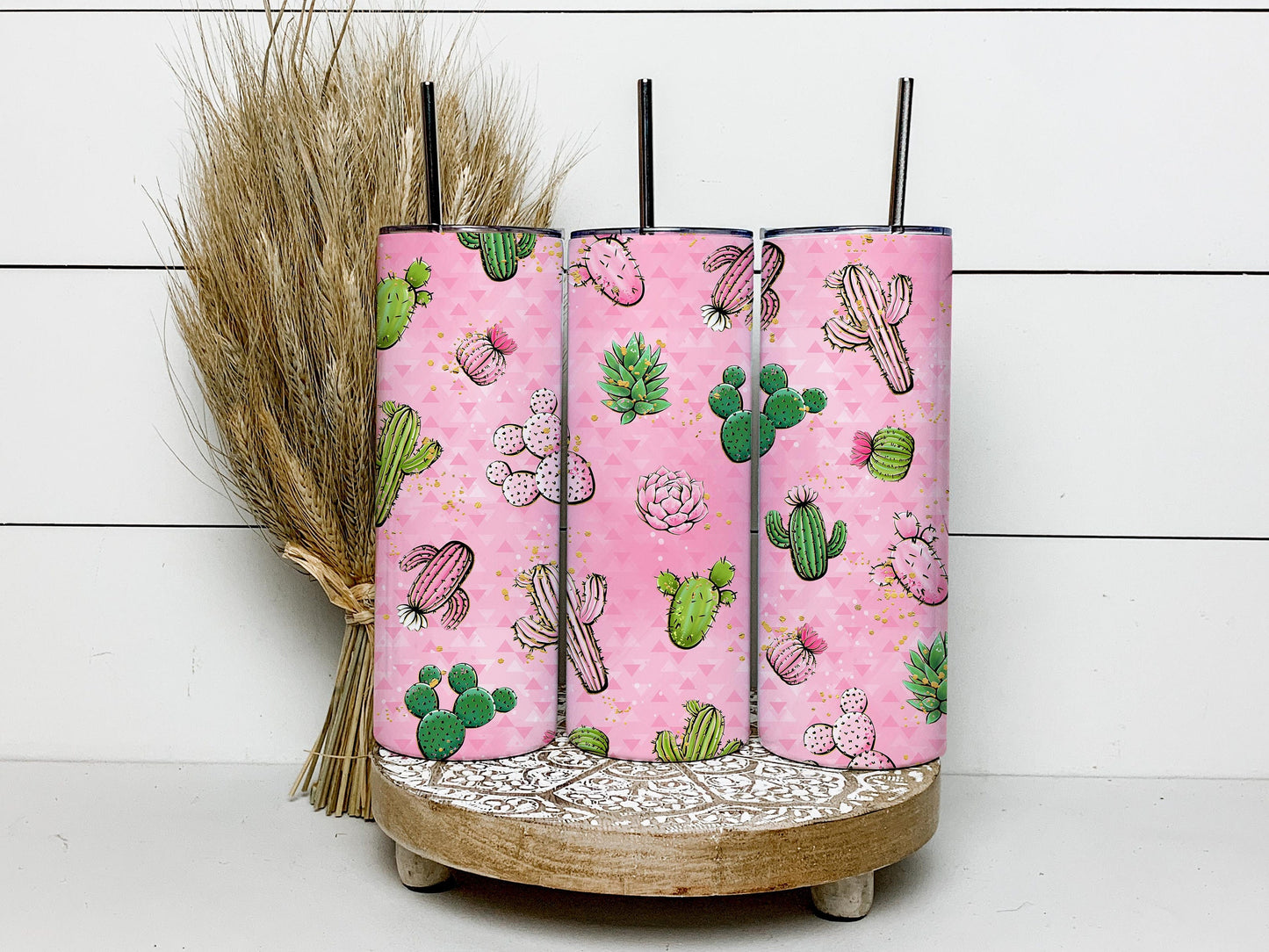 Cactus On Pink Background 20oz Tumbler Wrap, Seamless Skinny Tumbler, Sublimation Design PNG - 182