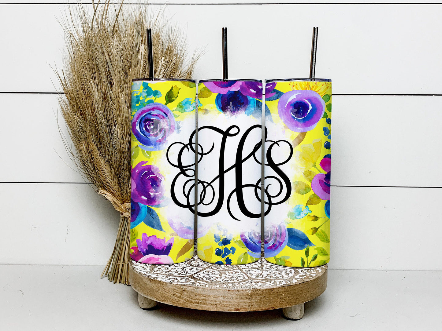 EDITABLE Floral Monogram 20oz Straight Tumbler Wrap Designs, Make Your Own Custom Peronalized Design, Purple Flowers, Easy Canva Tempalte