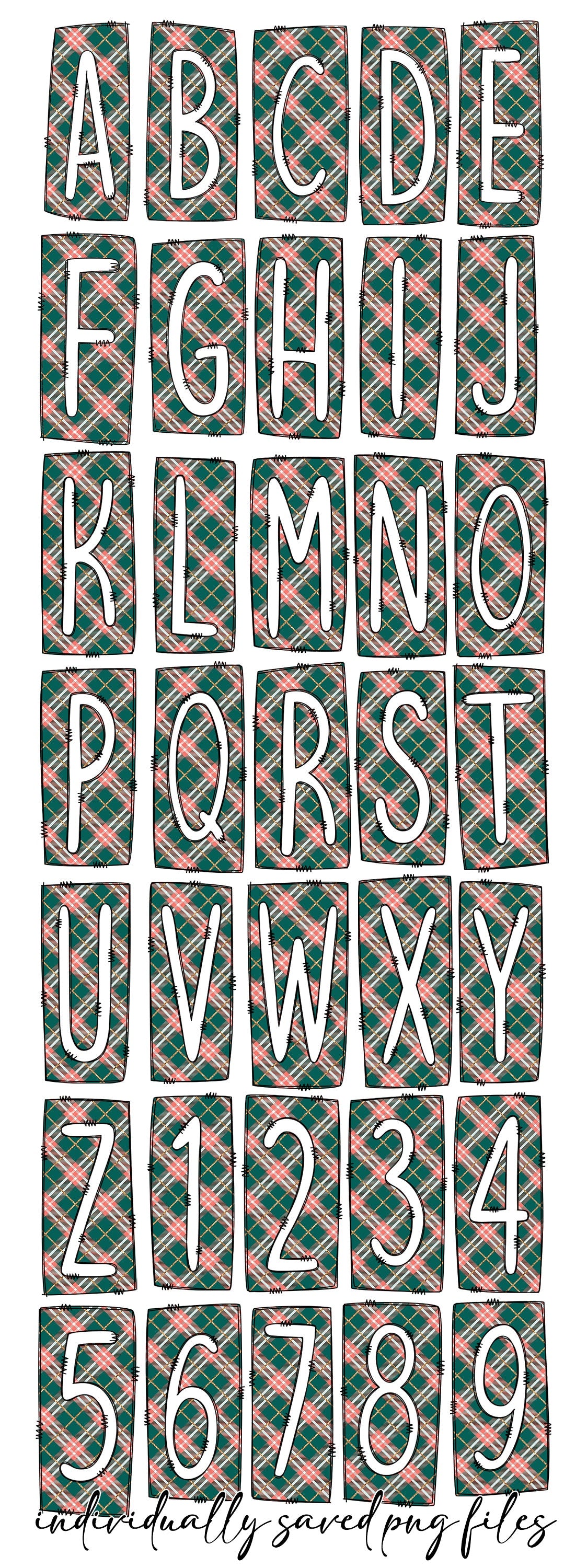 Pink Green Plaid Box Doodle Letters, Western Hand Drawn Doodle Alphabet Set, Sublimation Designs PNG - 1