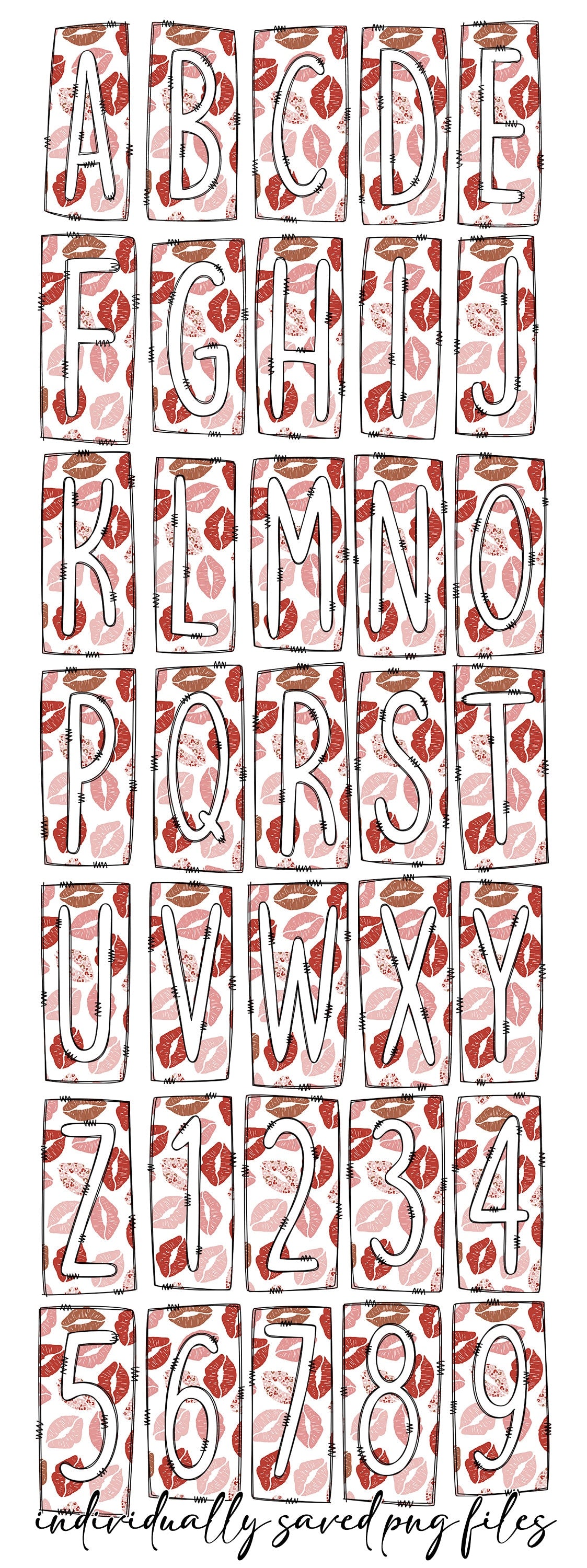 Valentines Day Kisses Box Doodle Letters, Western Hand Drawn Doodle Alphabet Set, Sublimation Designs PNG - 109 PATTERN