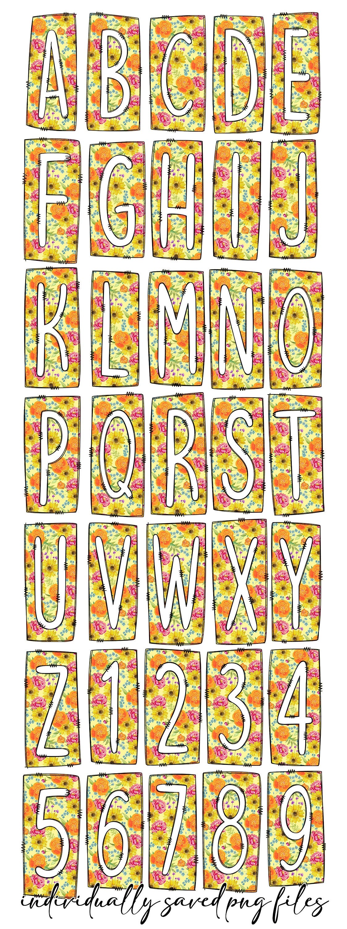 Spring Floral Box Doodle Letters, Western Hand Drawn Doodle Alphabet Set, Sublimation Designs PNG - 1063