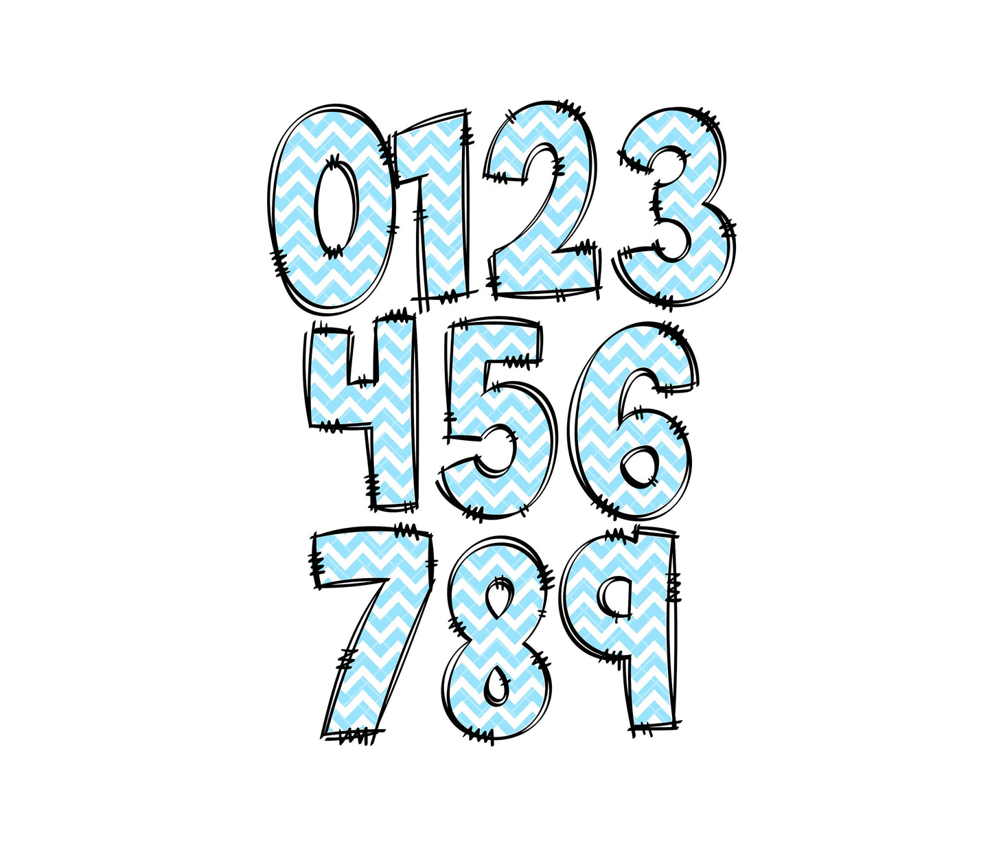 Baby Blue Chevron Doodle letters, Hand Drawn Doodle Alpha Bundle, Sublimation Font PNG, Patterned Numbers & Alphabet,