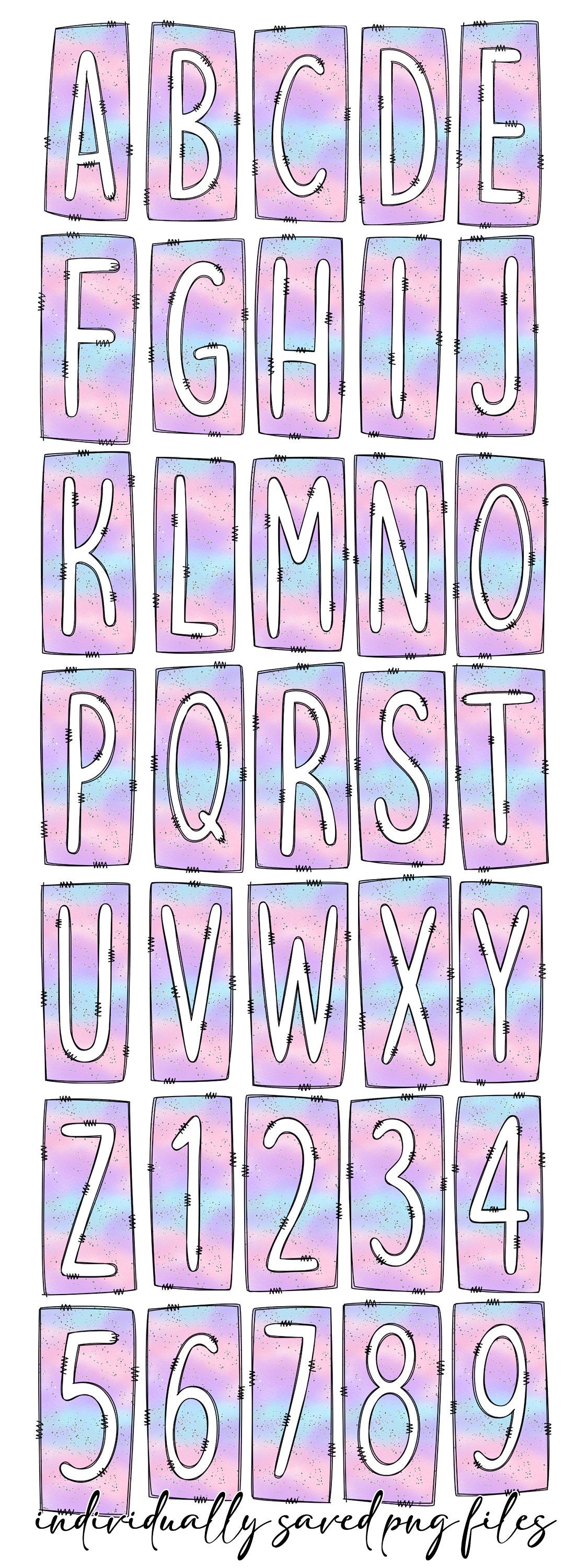 Ombre Paster Pink Blue Purple Box Doodle Letters, Western Hand Drawn Doodle Alphabet Set, Sublimation Designs PNG - 34