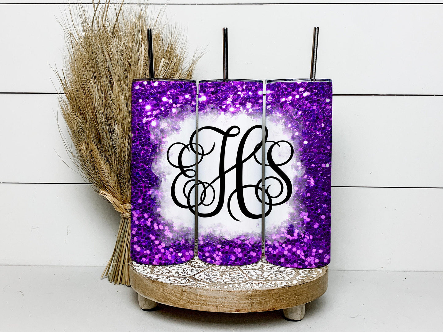 EDITABLE Purple Glitter Monogram 20oz Straight Tumbler Wrap Designs, Make Your Own Custom Peronalized Design, Easy Canva Tempalte