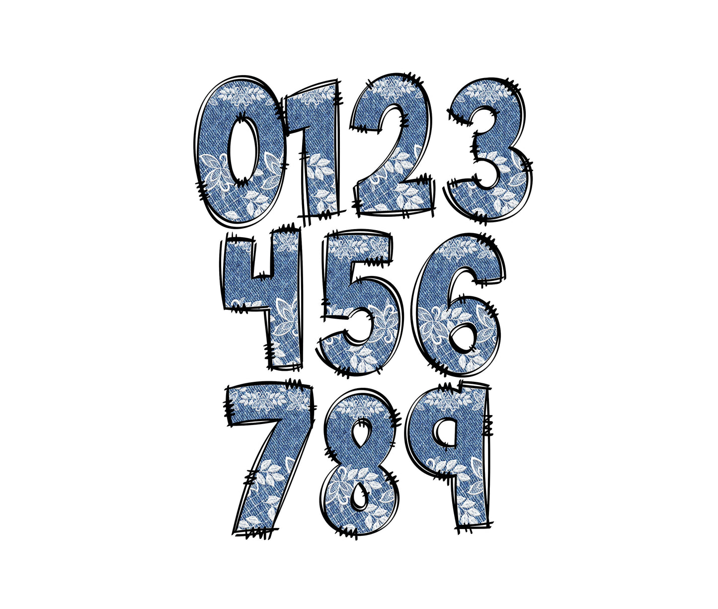 Denim Lace Doodle letters, Hand Drawn Doodle Alpha Bundle Patterned Numbers & Alphabet Doodle Set Sublimation Font PNG