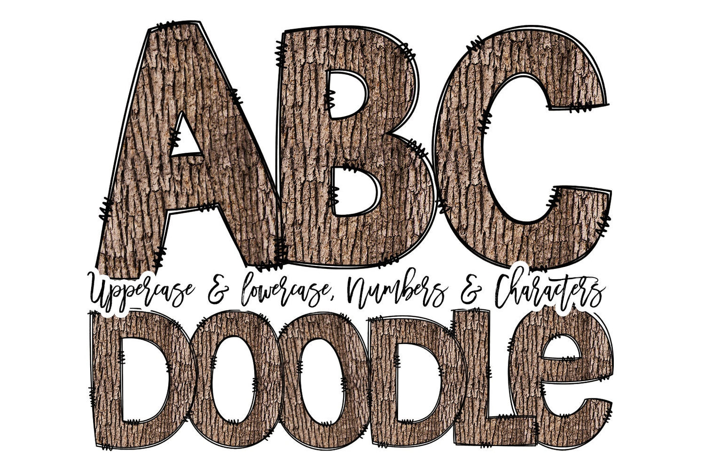 Camping Doodle letters, Woodland Animals Forrest Hand Drawn Doodle Alpha Bundle Patterned Numbers & Alphabet Doodle Set Sublimation Font PNG