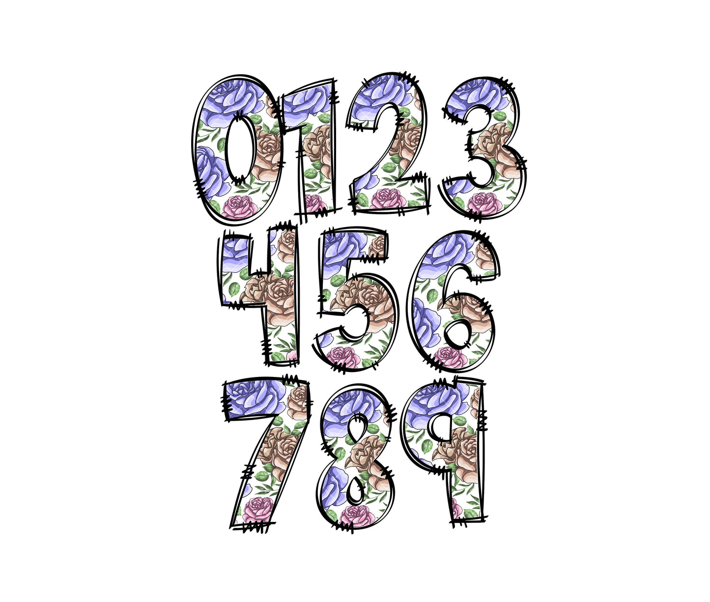 Purple Flowers Hand Drawn Doodle letters, Hand Drawn Doodle Alpha Bundle, Sublimation Font PNG, Patterned Numbers & Alphabet,