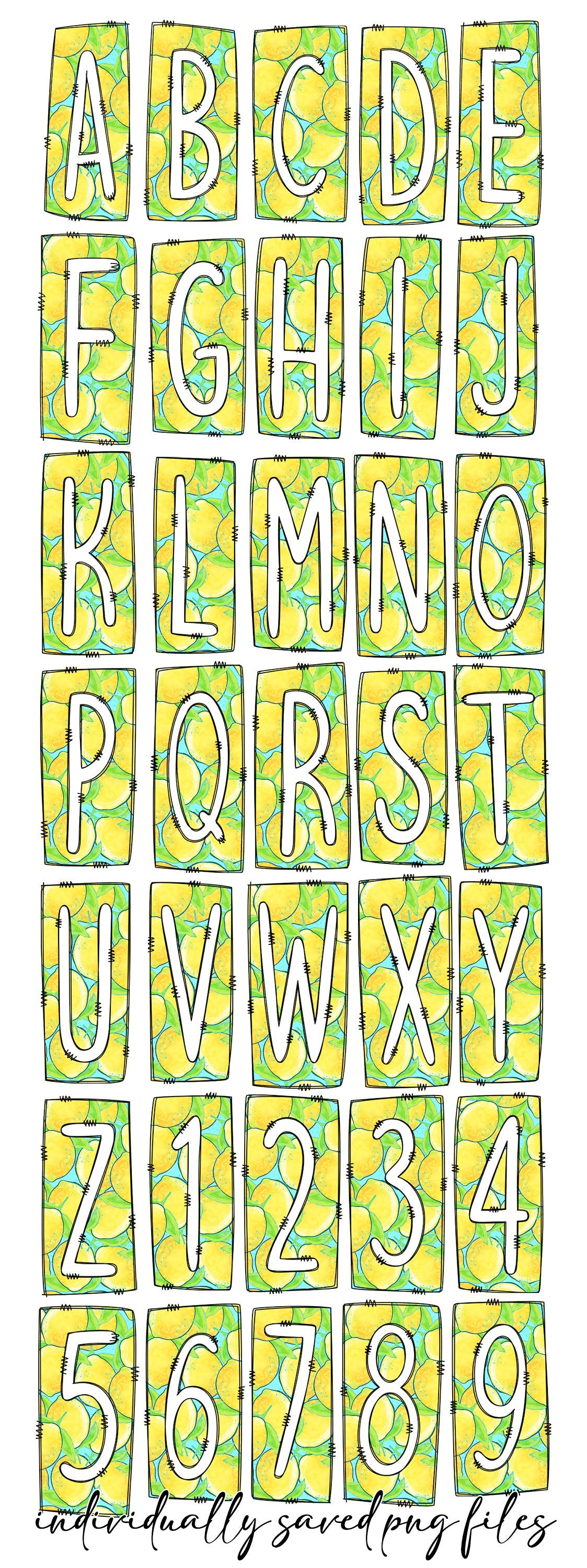 Lemons Box Doodle Letters, Western Hand Drawn Doodle Alphabet Set, Sublimation Designs PNG - 2051