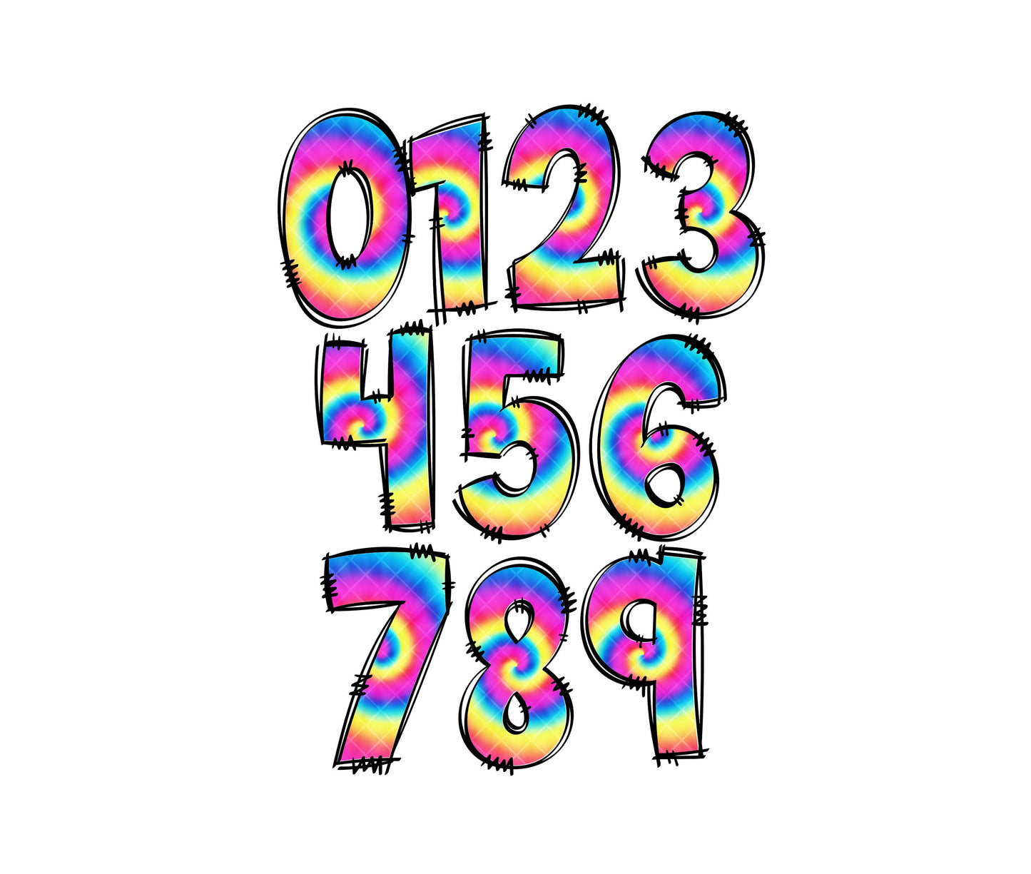 Rainbow Tie Dye Doodle letters, Hand Drawn Doodle Alpha Bundle Patterned Numbers & Alphabet Doodle Set Sublimation Font PNG