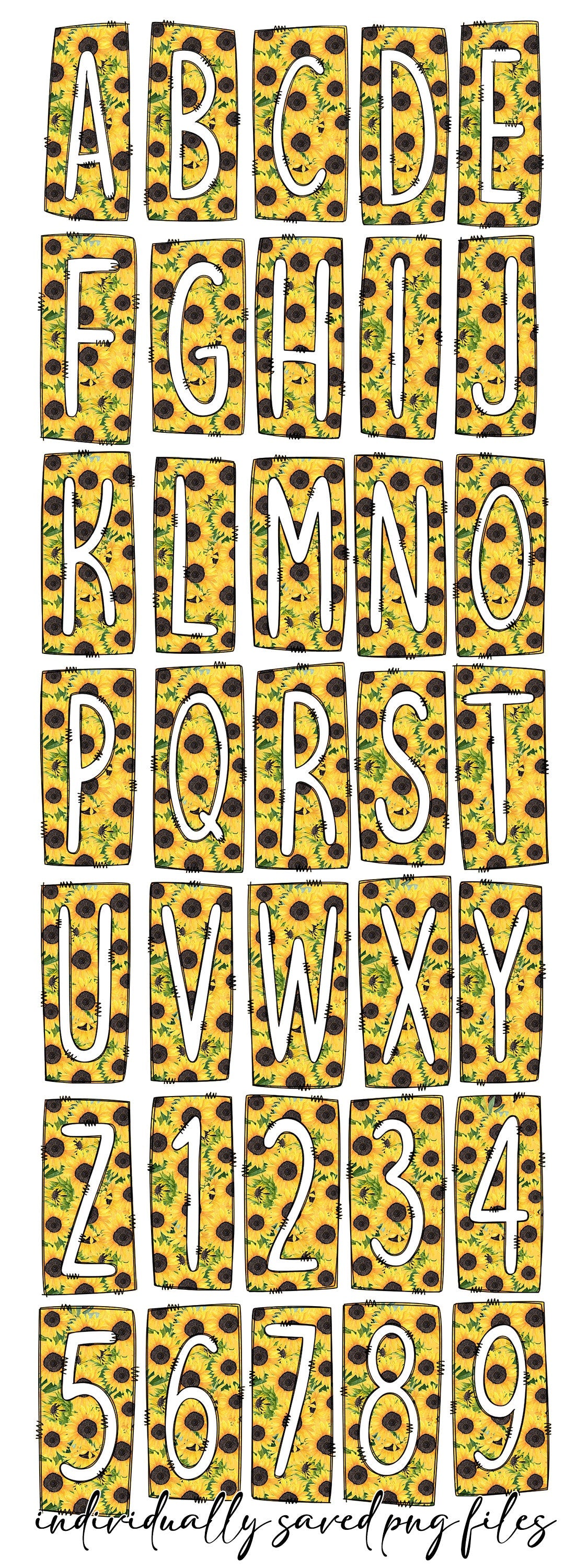 Sunflower Box Doodle Letters, Western Hand Drawn Doodle Alphabet Set, Floral YellowSublimation Designs PNG - 15 PATTERN