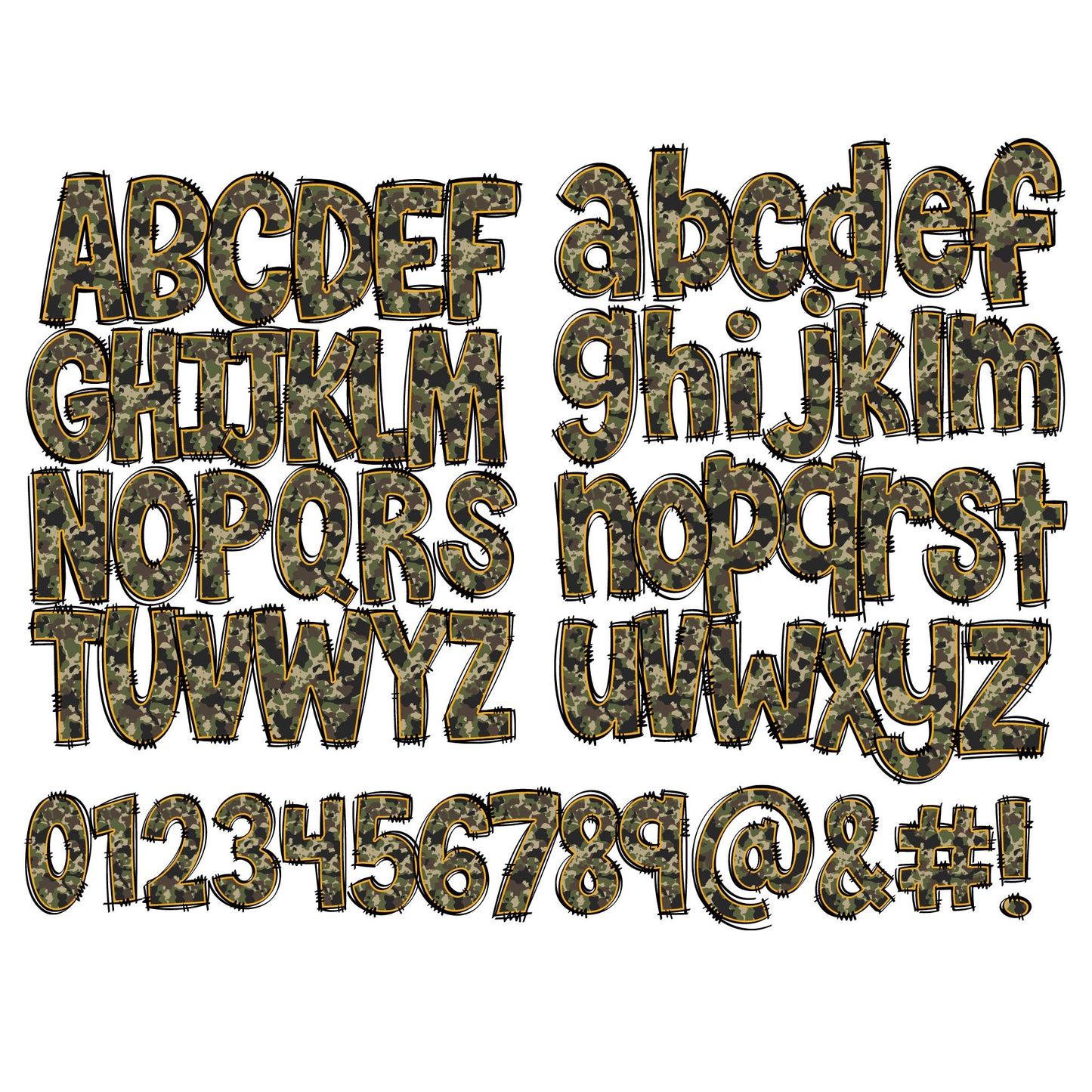 Hunting Doodle Alphabet Letters PNG Bundle, Camo Green Camouflage, Army Letters, Hand Drawn Doodle, Sublimation Alpha Set Designs PNG