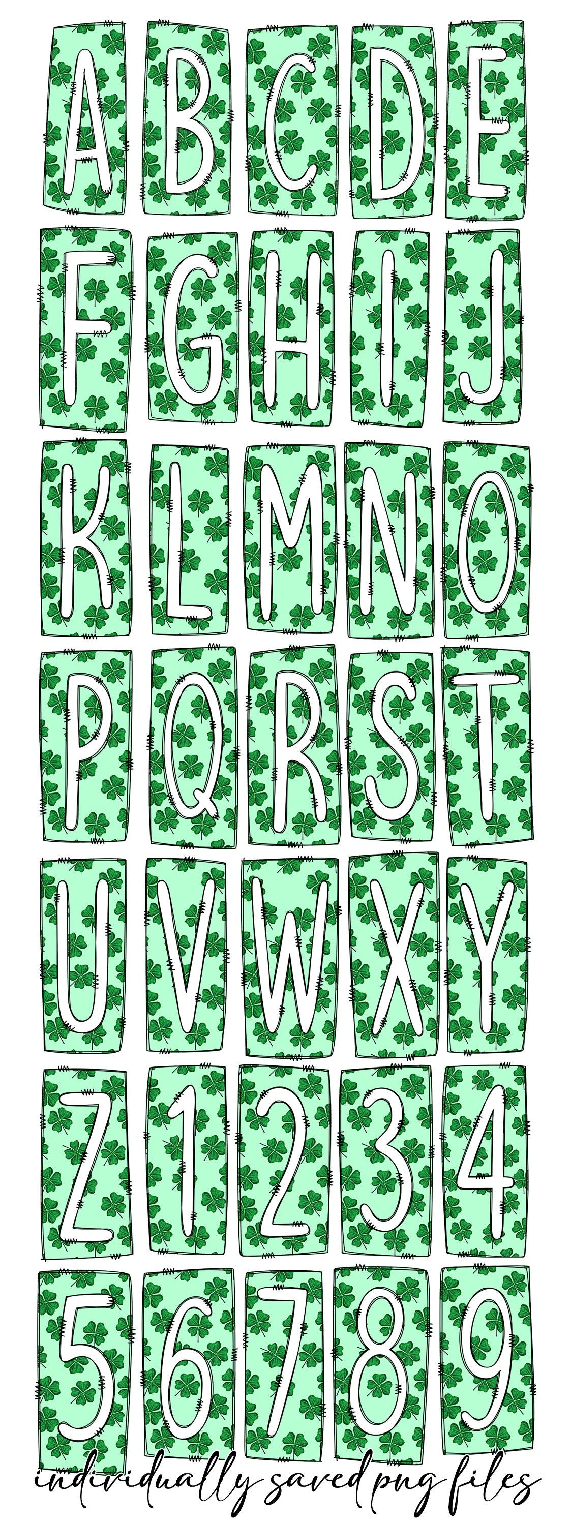 4 Leaf Clover St Patricks Day Box Doodle Letters, Western Hand Drawn Doodle Alphabet Set, Sublimation Designs PNG - 474 PATTERN