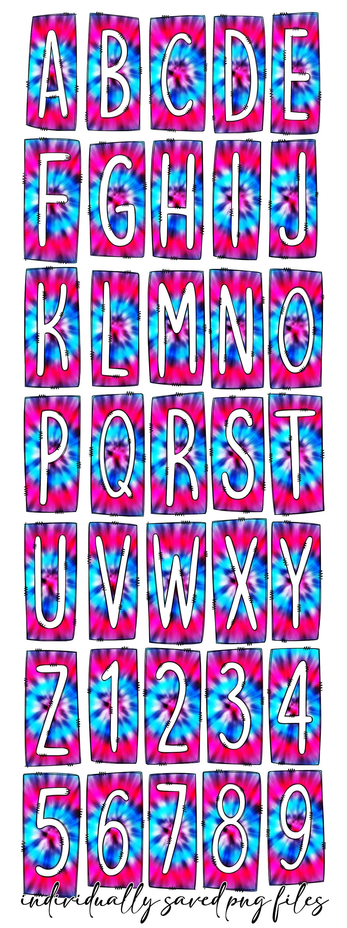 Pink Blue Bright Tie Dye Box Doodle Letters, Western Hand Drawn Doodle Alphabet Set, Sublimation Designs PNG - 88 PATTERN