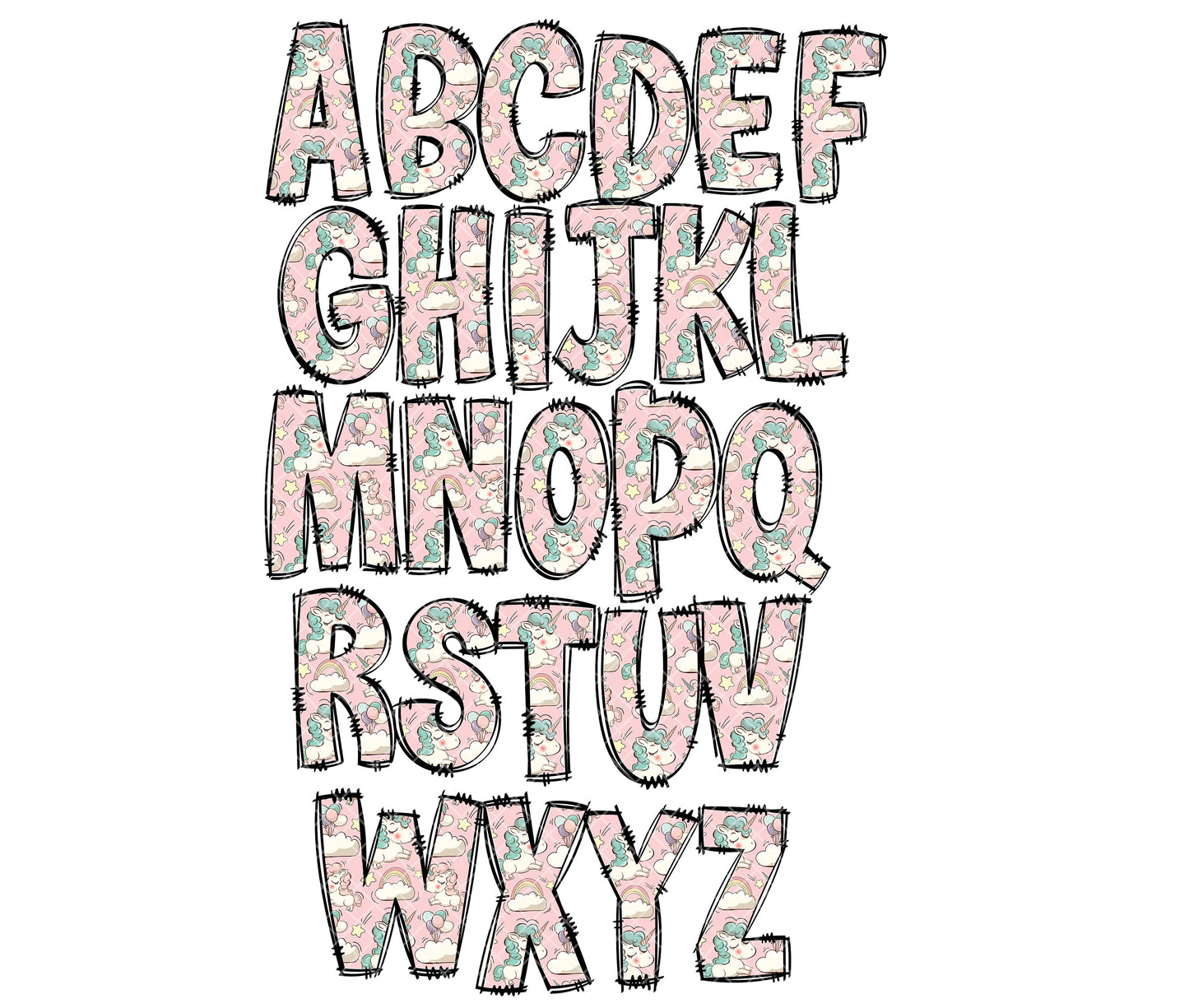 Unicorn Alphabet Letters PNG Bundle, Rainbows Glitter Girly Doodle Letters, Hand Drawn Alphabet Doodle, Sublimation Alpha Set Designs PNG