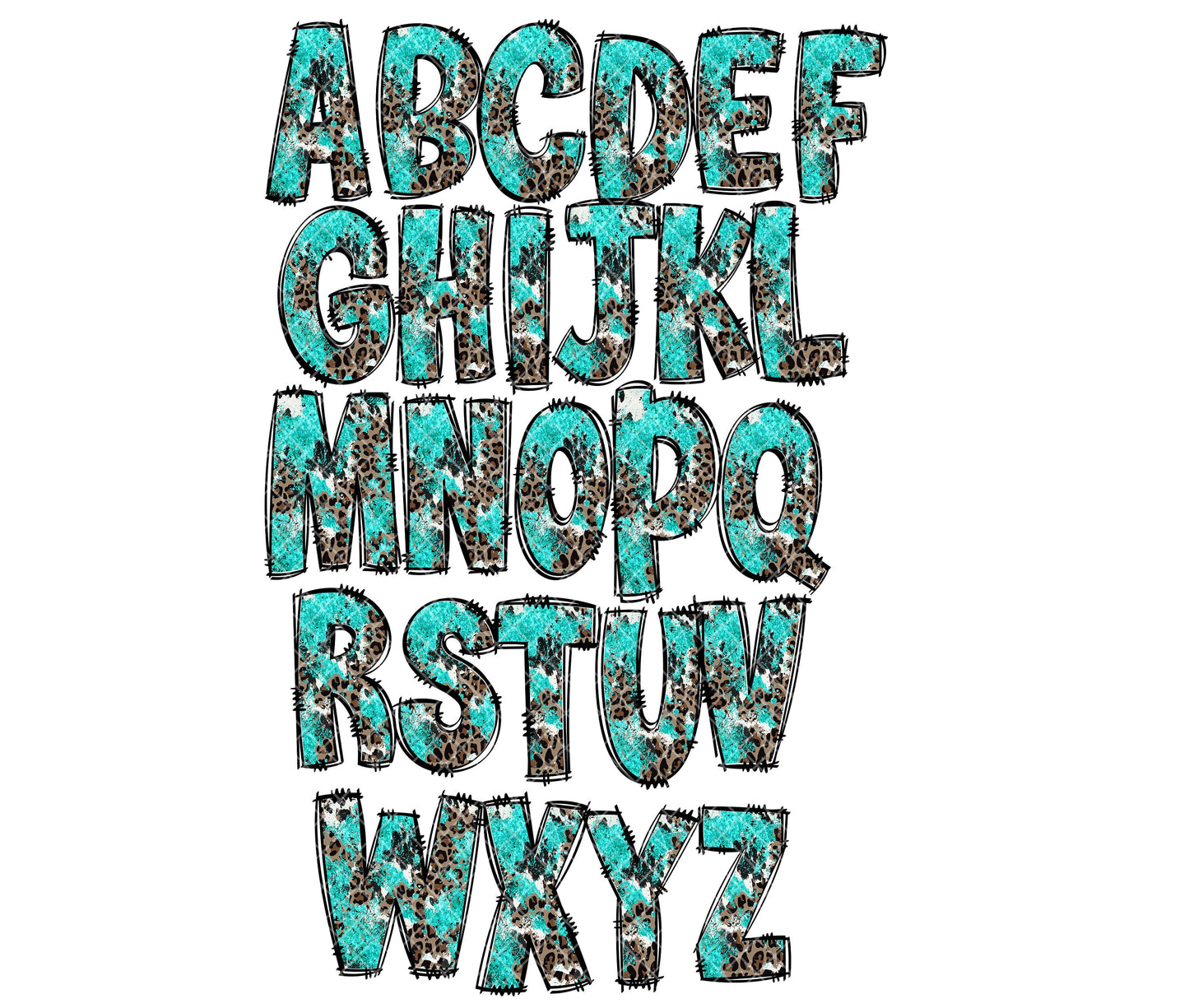 Turquoise Western Alphabet Letters PNG Bundle, Country Leopard Print Doodle Letters, Hand Drawn Alphabet Doodle, Alpha Set Designs PNG