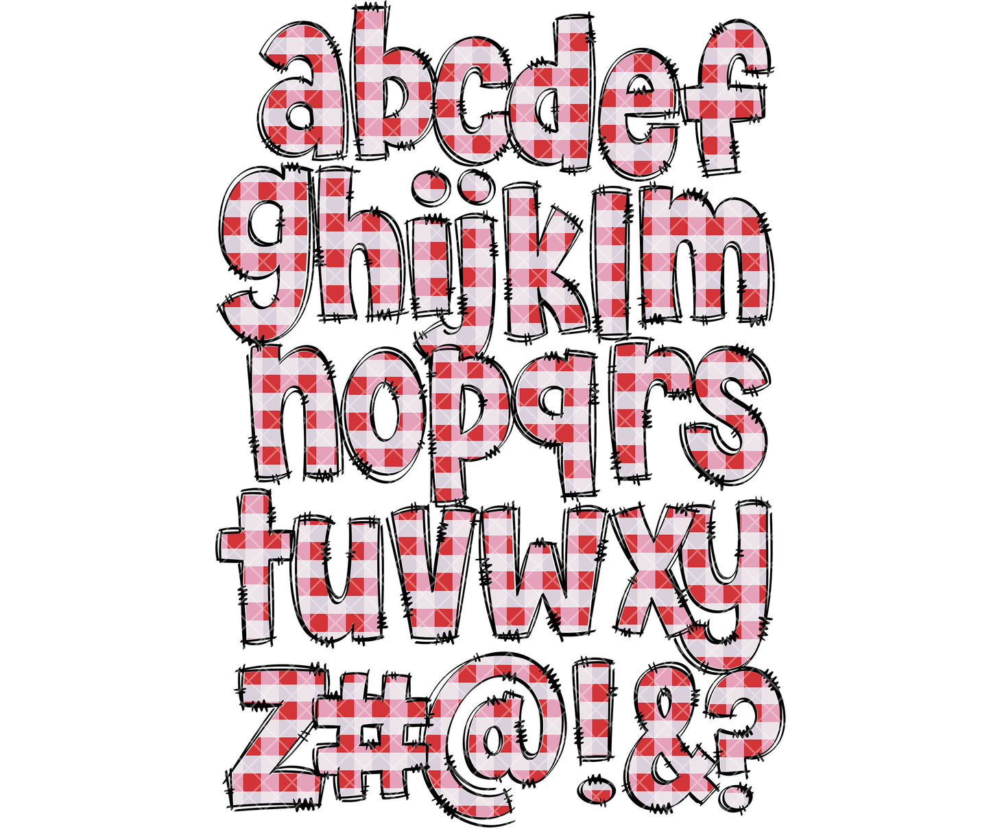 Gingham Doodle letters, Red Plaid Hand Drawn Doodle Alpha Bundle, Sublimation Font PNG, Patterned Numbers & Alphabet,