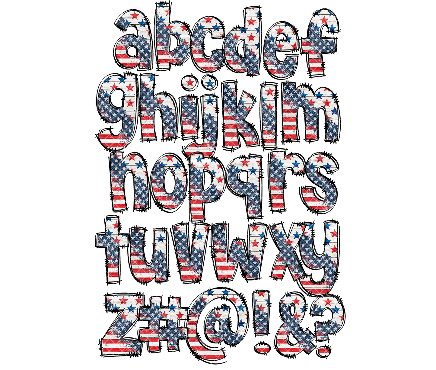 Rustic Flag Alphabet Letters PNG Bundle, Patriotic USA Flag Doodle Letters, Hand Drawn Alphabet Doodle, Sublimation Alpha Set Designs PNG