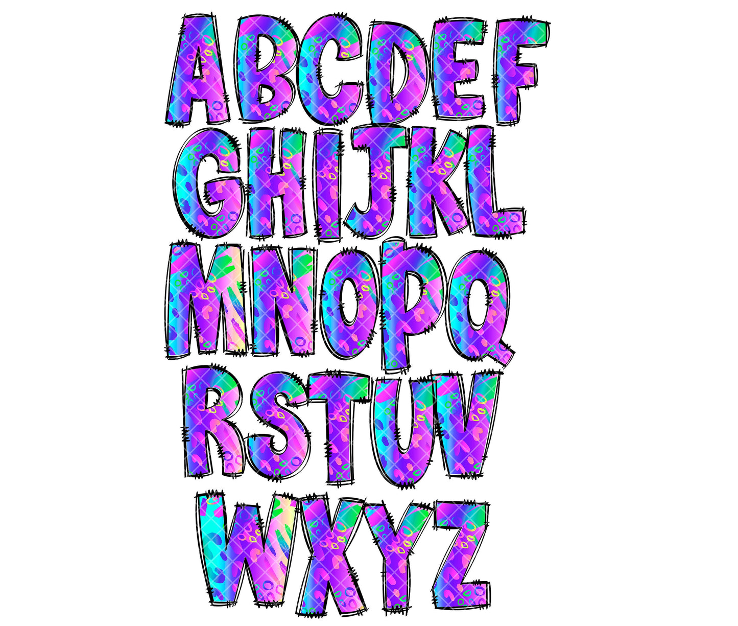 Neon Alphabet Letters PNG Bundle, Bright Pink Blue Purple Alcohol Ink, Hand Drawn Doodle, Sublimation Alpha Set Designs PNG