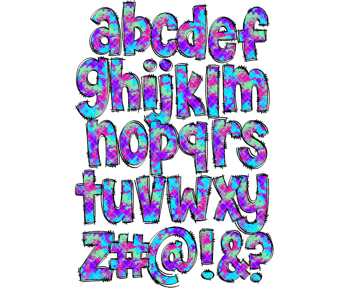 Bright Neon Purple Turquoise Doodle letters, Hand Drawn Doodle Alpha Bundle, Sublimation Font PNG, Patterned Numbers & Alphabet, 65 PATTERN