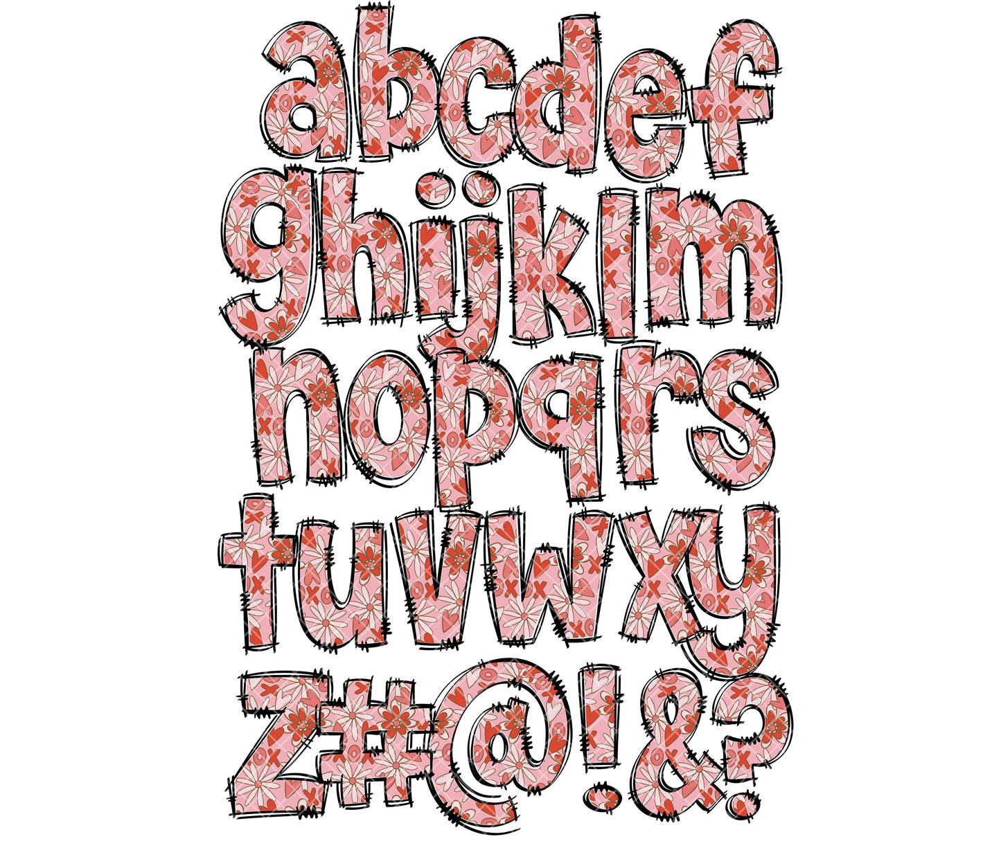 Pink Doodle letters, Hand Drawn Doodle Alpha Bundle Patterned Numbers & Alphabet Doodle Set Sublimation Font PNG