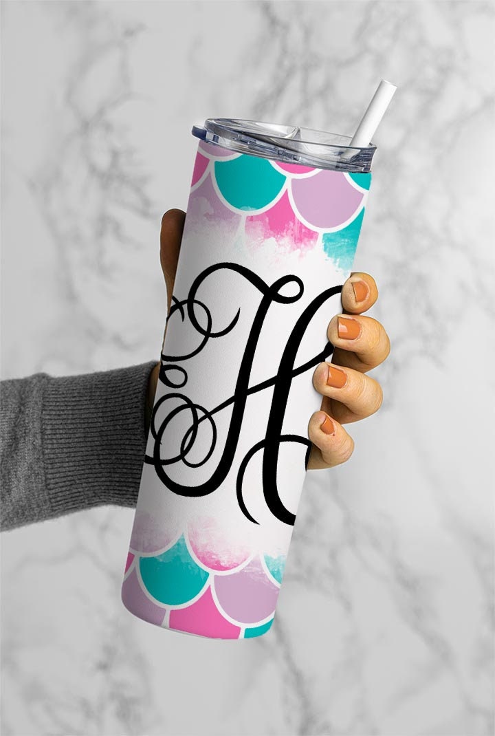 EDITABLE Mermaid Monogram 20oz Straight Tumbler Wrap Designs, Make Your Own Custom Peronalized Design, Easy Canva Tempalte