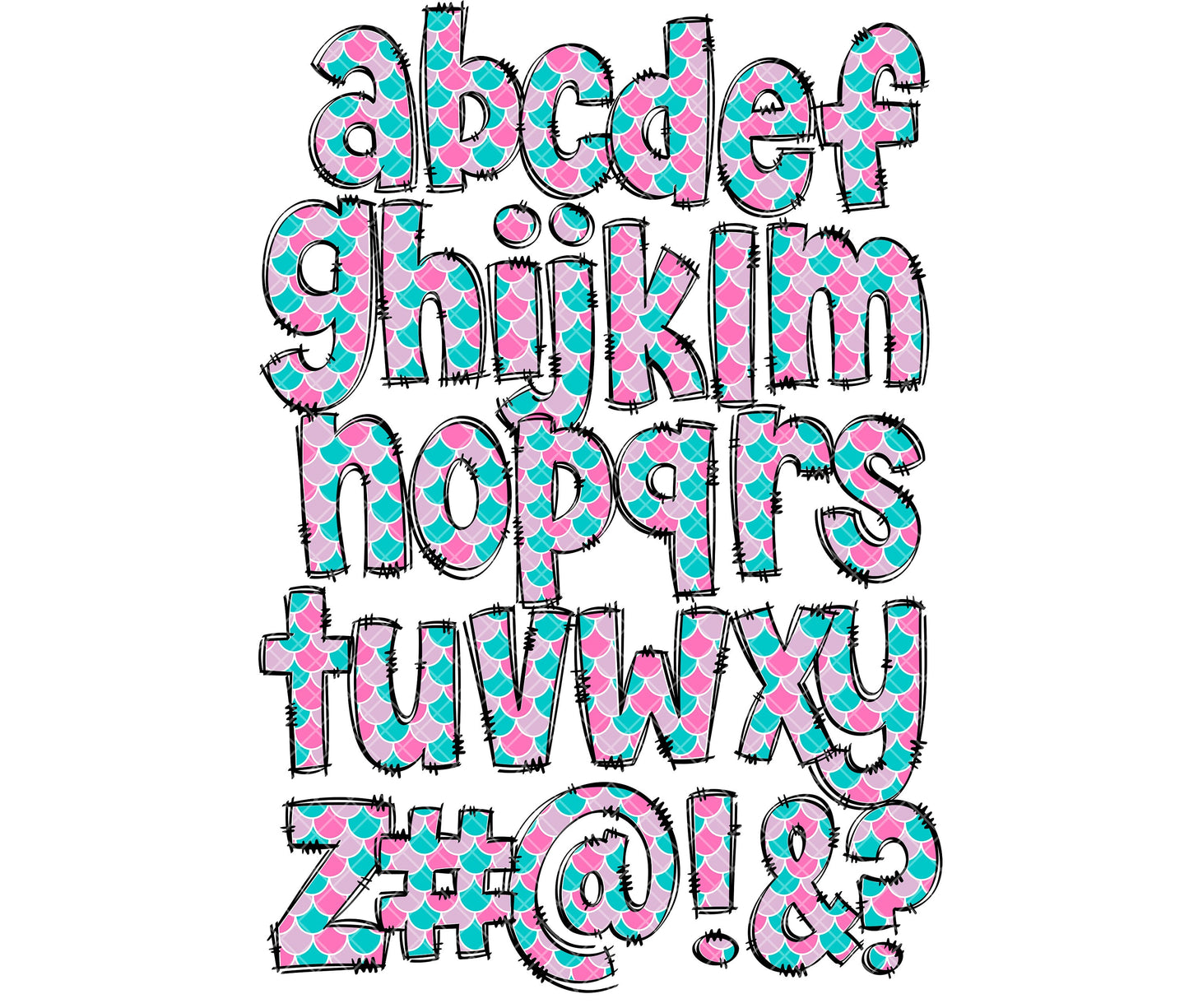 Mermaid Doodle letters, Hand Drawn Doodle Alpha Bundle Patterned Numbers & Alphabet Doodle Set Sublimation Font PNG