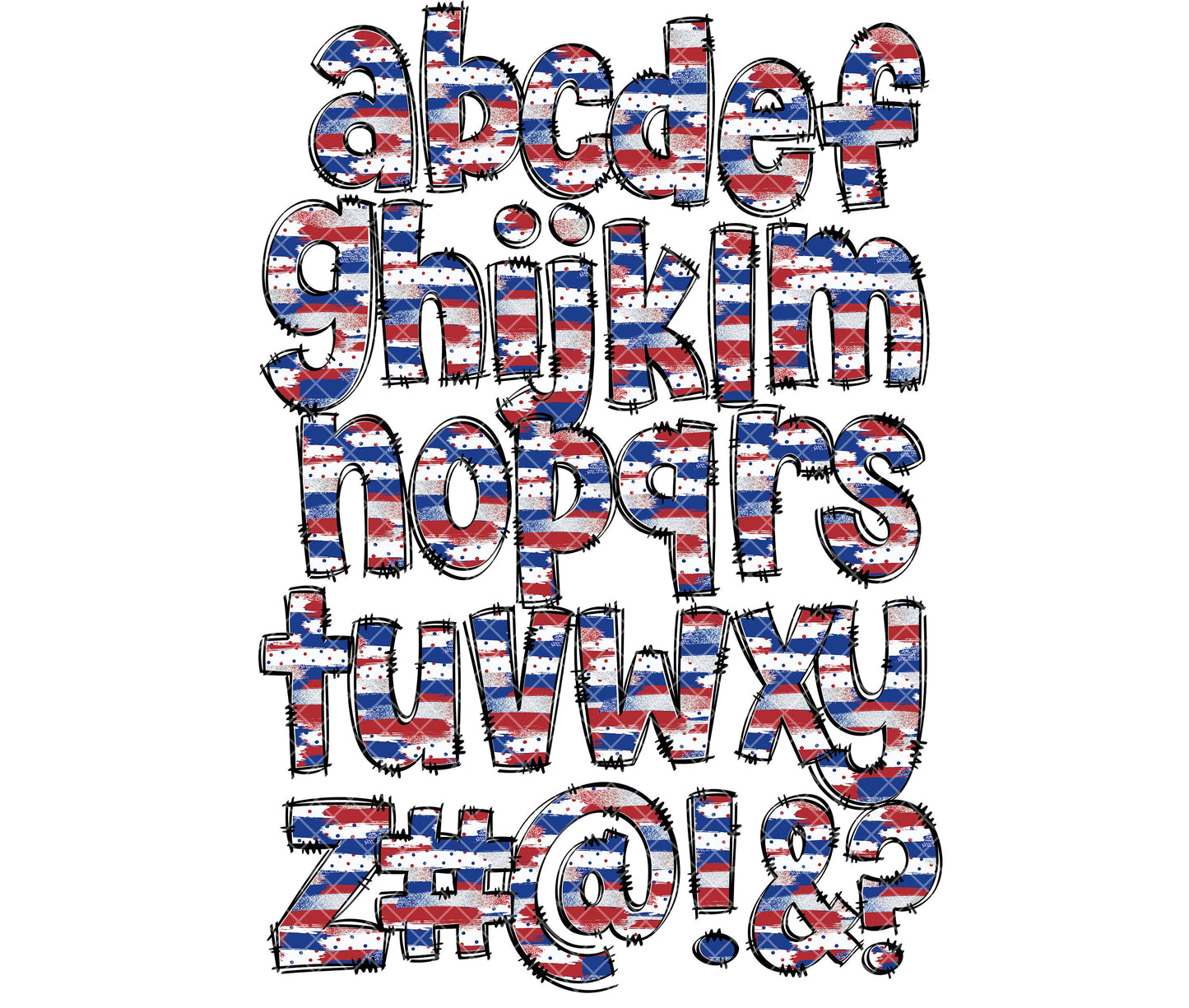 USA Red White Blue Doodle letters, Hand Drawn Doodle Alpha Bundle, Sublimation Font PNG, Patterned Numbers & Alphabet,