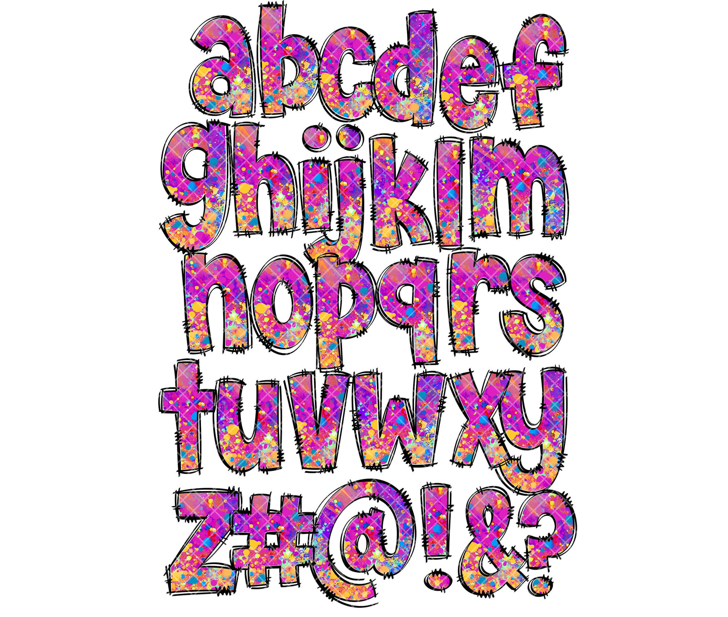 Rainbow Splatter Doodle letters, Hand Drawn Doodle Alpha Bundle Patterned Numbers & Alphabet Doodle Set Sublimation Font PNG