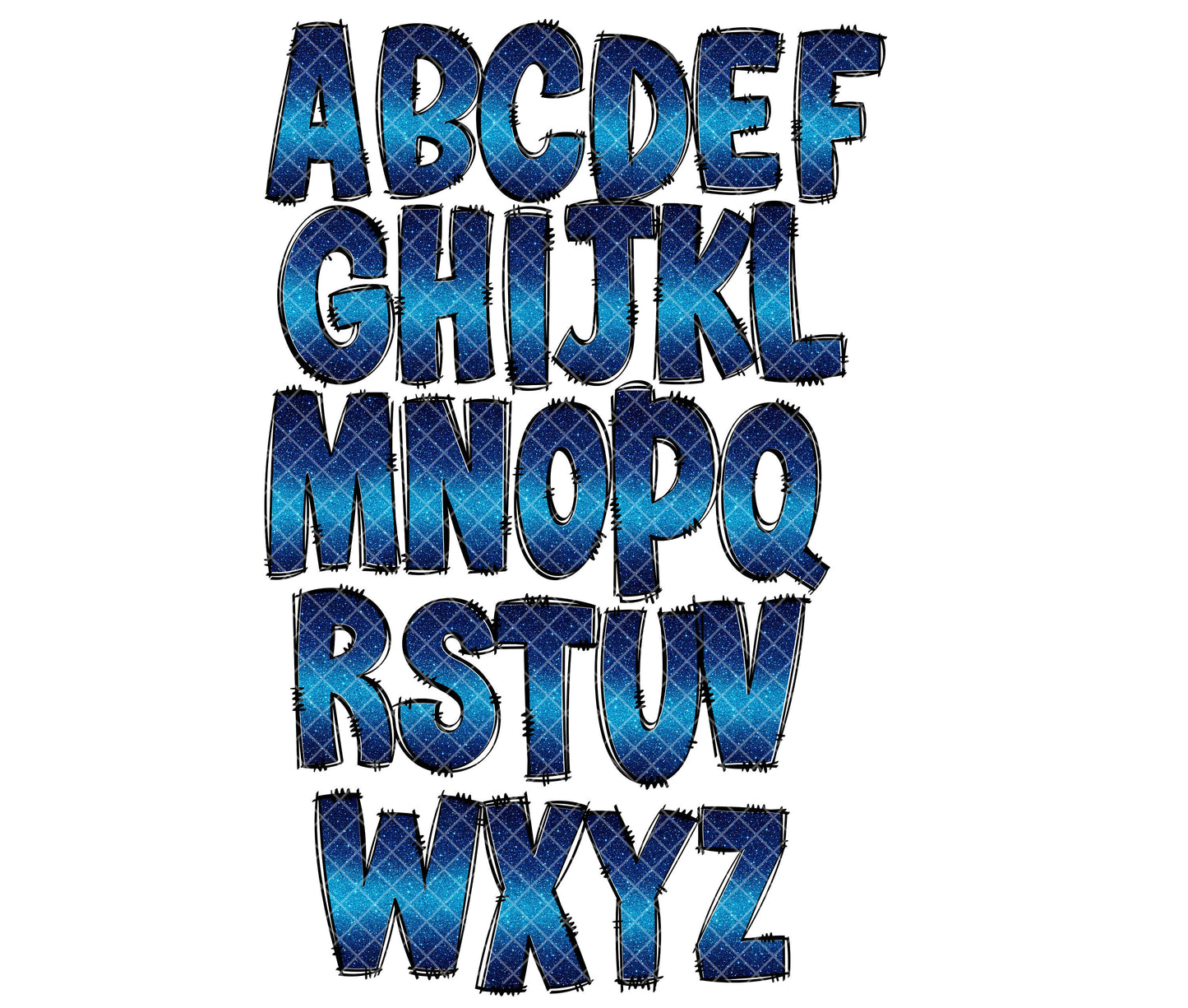 Ombre Navy Blue Glitter Alphabet Letters PNG Bundle, Alcohol Ink, Hand Drawn Doodle, Sublimation Alpha Set Designs PNG