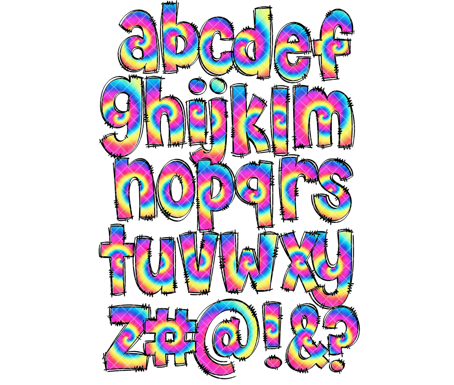 Rainbow Tie Dye Doodle letters, Hand Drawn Doodle Alpha Bundle Patterned Numbers & Alphabet Doodle Set Sublimation Font PNG