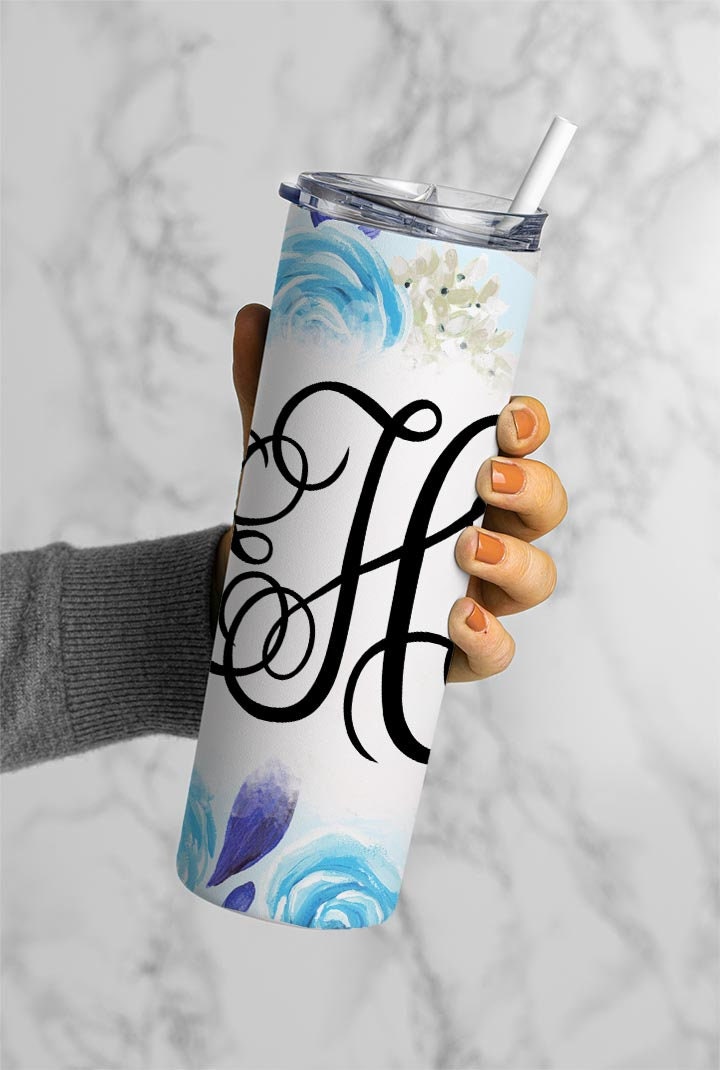 EDITABLE Blue Flowers Monogram 20oz Straight Tumbler Wrap Designs, Make Your Own Custom Peronalized Design, Watercolor Floral Canva Tempalte