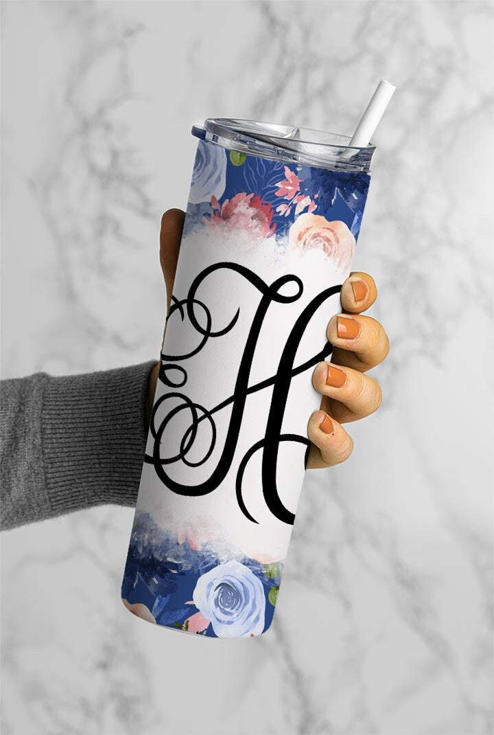 EDITABLE Floral Monogram 20oz Straight Tumbler Wrap Designs, Make Your Own Custom Peronalized Design, Flowers Easy Canva Tempalte