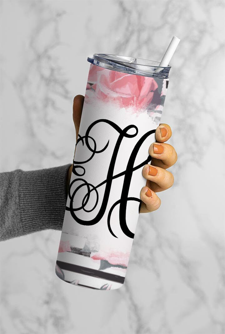 EDITABLE Striped Floral Monogram 20oz Straight Tumbler Wrap Designs, Make Your Own Custom Peronalized Design, Flowers Easy Canva Tempalte