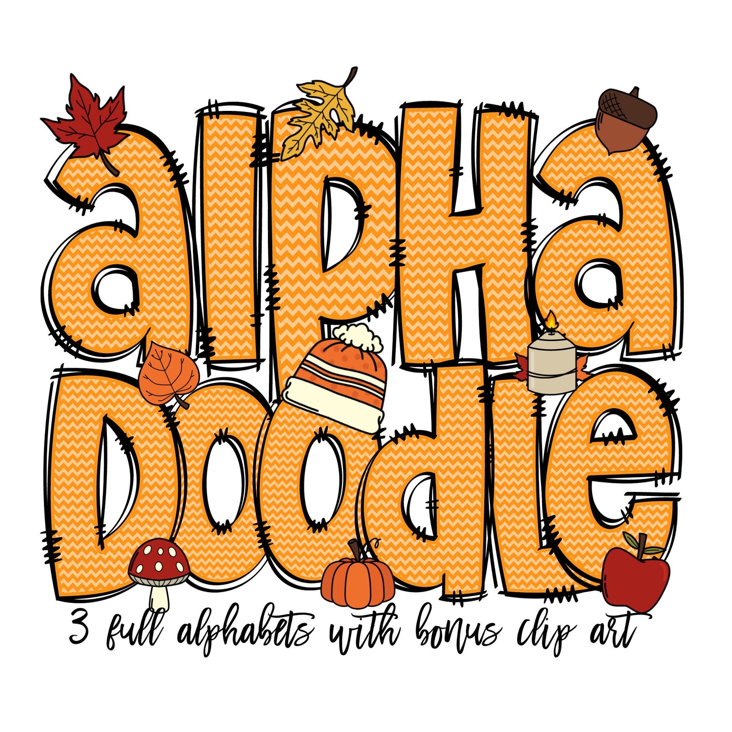 Fall Doodle letters with Clip Art, Hand Drawn Doodle Alpha Bundle, Autumn Leaves Pumpkin Sublimation Font PNG, Patterned Numbers Alphabet,