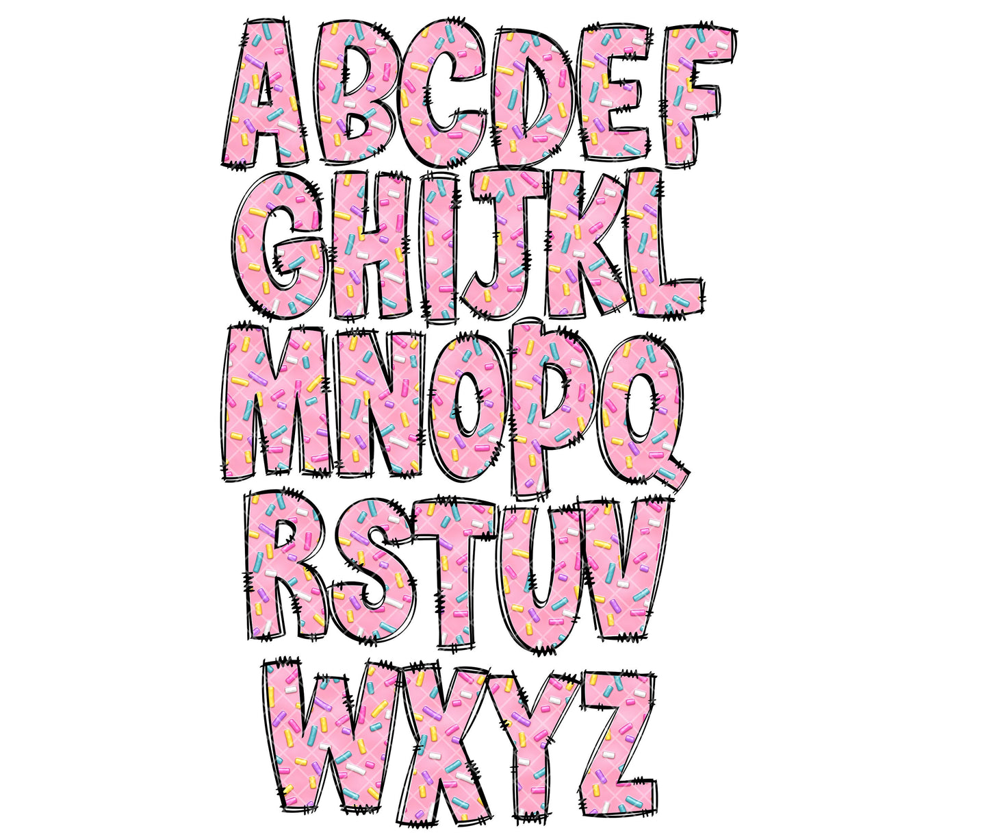 Sprinkles Alphabet Letters PNG Bundle, Rainbow Magical Donut Hand Drawn Alphabet Doodle, Sublimation Alpha Set Designs PNG