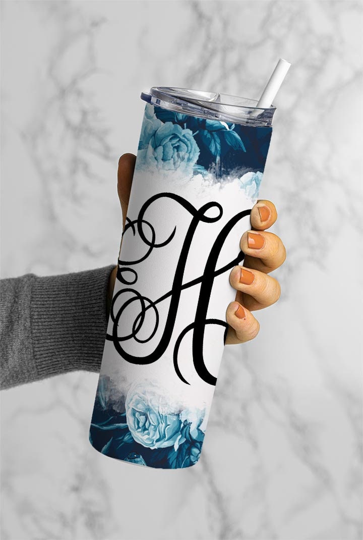 EDITABLE Blue Floral Monogram 20oz Straight Tumbler Wrap Designs, Make Your Own Custom Peronalized Design, Easy Canva Tempalte